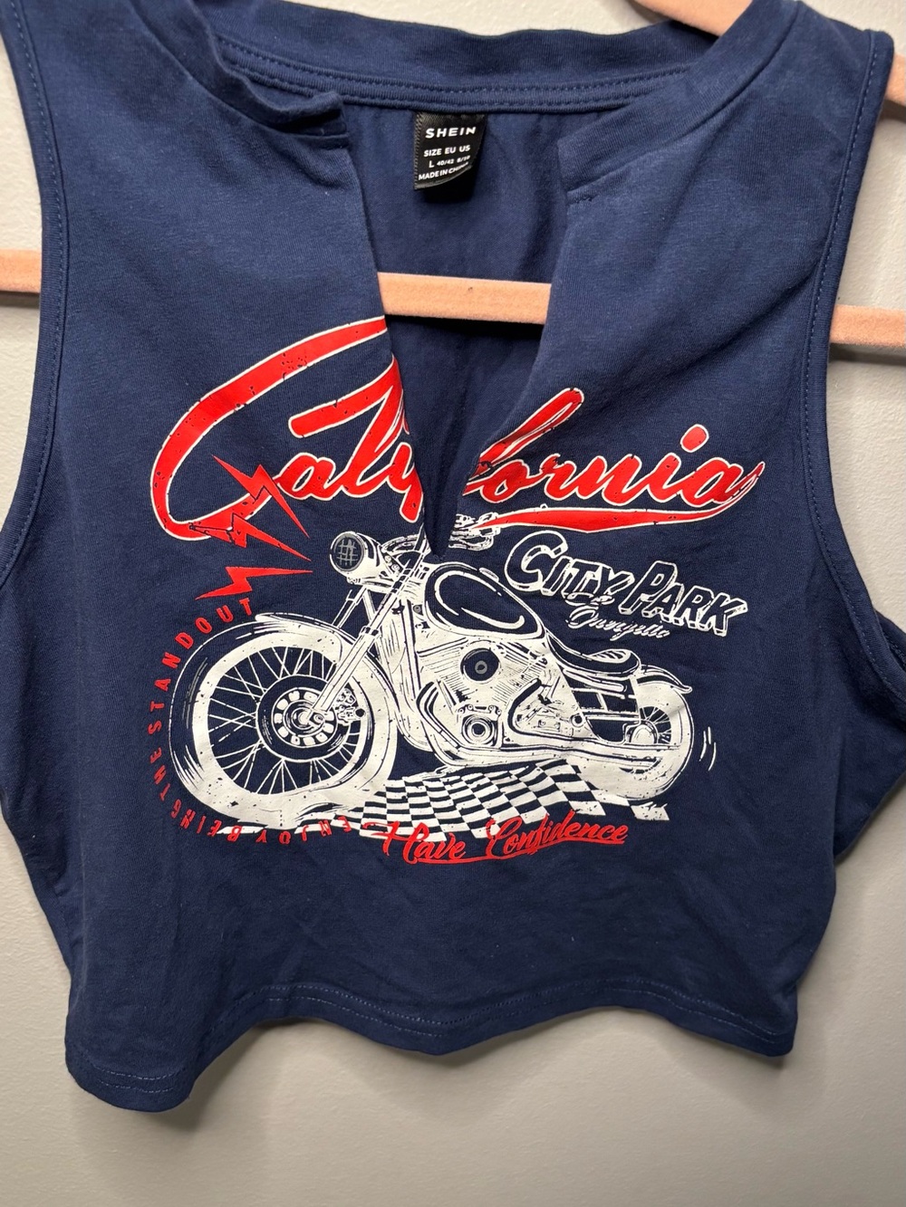 SHEIN Navy Crop Tank with Red & White Motorcycle Graphic
